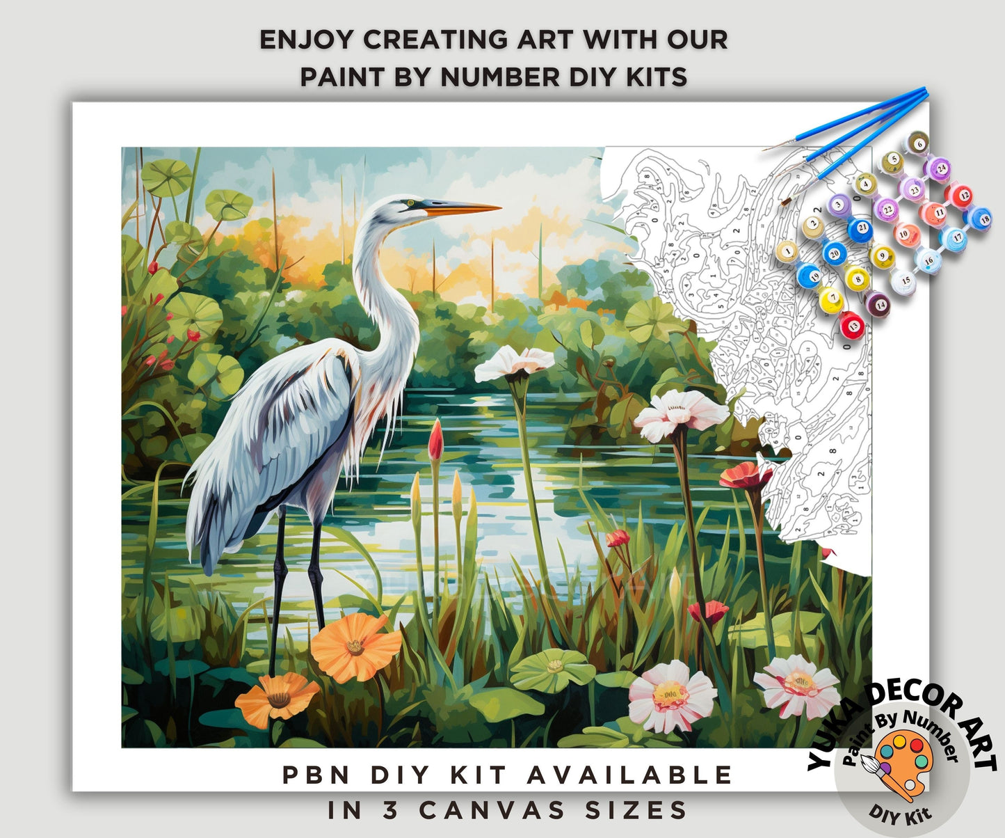 White Heron PAINT by NUMBER Kit Kids Adult Painting DIY by Numbers Easy Beginners Birthday Gift For Her Mom Grandmother Wall Art Home Decor