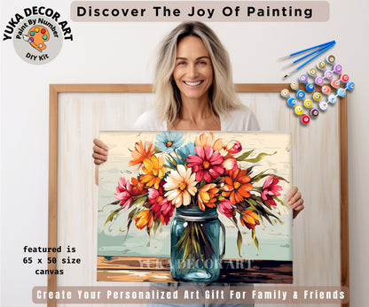 Flowers PAINT by NUMBERS Kit Adults Mason Jar Bouquet Still Life DIY Painting Beginners Canvas Kit Wall Art Birthday Gift Wife Girlfriend