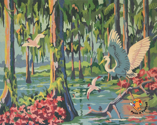 Flying Flamingoes Vintage Style PAINT by NUMBER Kit  Adult , Flower Lake DIY Paint Kit  , Easy  Acrylic Painting,Mid Century Decor Gift