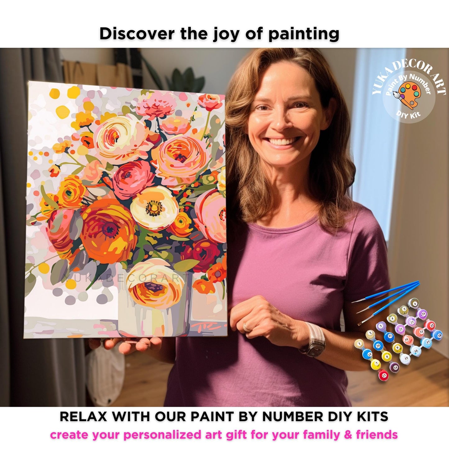 Flowers Paint by Number Kit Adult Peach Orange Floral Painting Easy Beginner Paint Kit Anniversary Gift For Girlfriend Bday Home Decor Gift