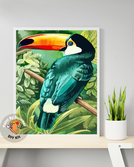 Green Toucan Paint by Numbers Kit for Adults , Parrot Bird Tropical Garden ,  Easy DIY Acrylic Painting Set - Wall Art Decor