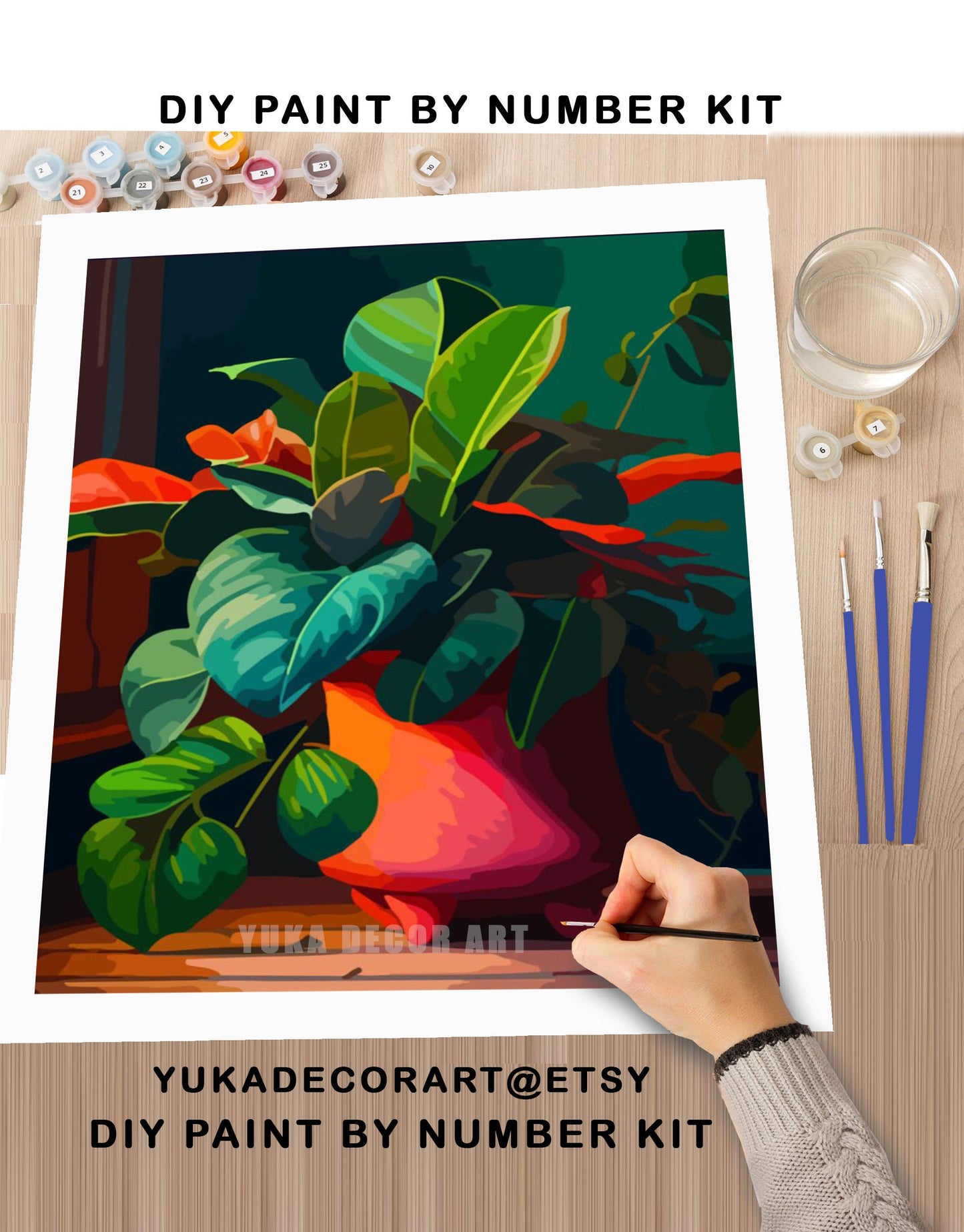 PAINT by NUMBERS Adult ,House Plants In Rustic Container , Easy DIY Beginners Paint Kit , Wall Art Gift for Aunt Grandmom