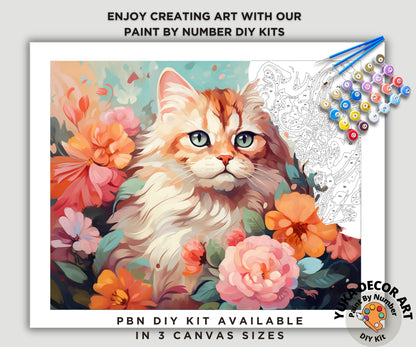 Cat PAINT by NUMBER Kit Adult DIY Art Peach Peonies Floral Easy Beginner Acrylic Painting Birthday Anniversary Custom Gift For Kids Teens