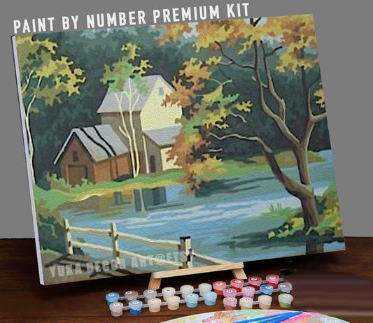Mountain Home PAINT by NUMBER Kit for Adult , DIY Nature Landscape painting , Easy Beginner Acrylic Painting Kit,Vintage  Decor Gift