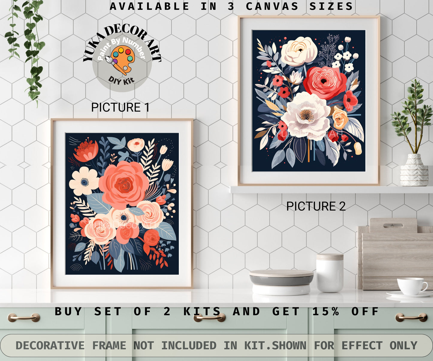 Whimsical flowers PAINT by NUMBER Kit Adults | Set Of 2 | Modern Flowers DIY Painting Easy Beginners Hobby Kit Wall Art Decor Birthday Gift