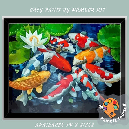 Koi Fish PAINT by NUMBER Kit Adults , White Lotus Plant In Lake , Easy DIY Beginners Acrylic Paint Kit ,Living Bedroom Wall Art Decor Gift