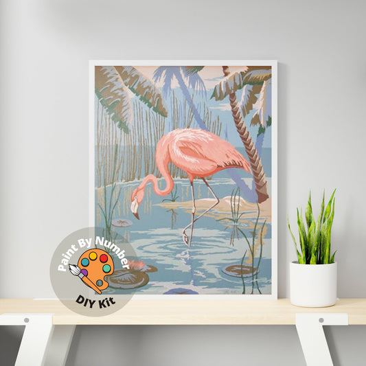 Pink Flamingo Bird Vintage PAINT by NUMBER Kit Adult , DIY Vintage 1960s Style Paint Kit ,  Beginner Acrylic Canvas Painting Kit