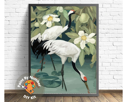 Vintage Style White Flamingo PAINT by NUMBER Kit for Adult , DIY Paint Kit Birds In Lake  , Easy Beginner Acrylic Painting,Home Decor Gift
