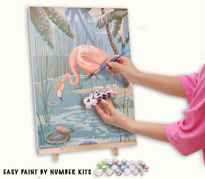Pink Flamingo Bird Vintage PAINT by NUMBER Kit Adult , DIY Vintage 1960s Style Paint Kit ,  Beginner Acrylic Canvas Painting Kit