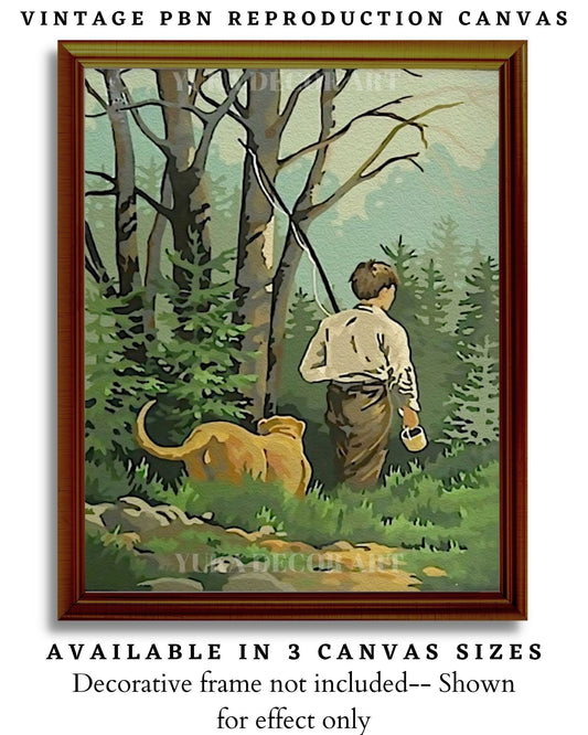 Vintage PAINT by NUMBERS for Adult, Boy Fishing In Stream, Easy Beginner Acrylic Painting  Kit,Vintage Decor Gift