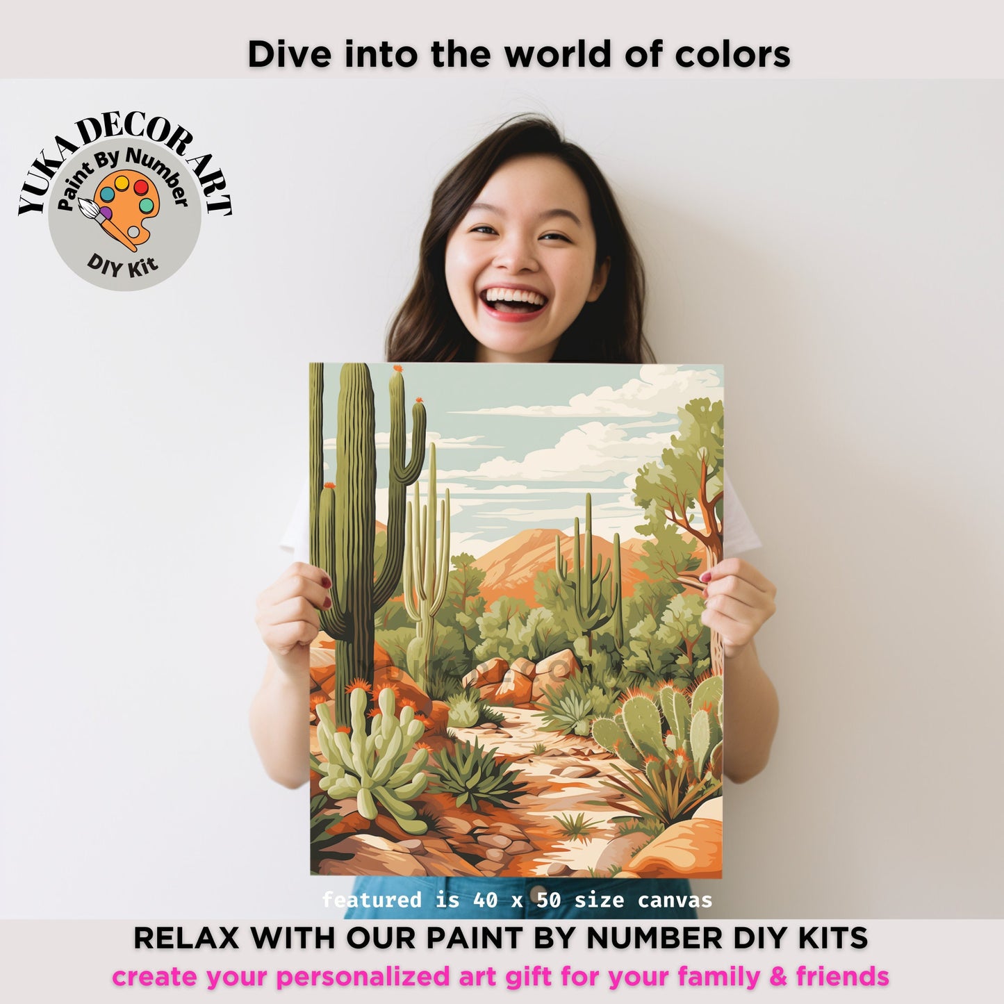 Saguaro Cactus PAINT by NUMBER Kit Adult Cactus painting DIY by Numbers Set Rustic Scenery Easy Beginners Birthday Gift For Dad Grandfather