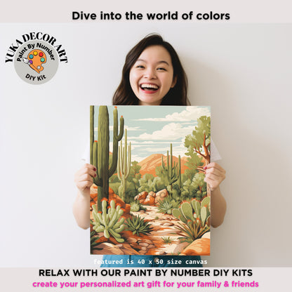 Saguaro Cactus PAINT by NUMBER Kit Adult Cactus painting DIY by Numbers Set Rustic Scenery Easy Beginners Birthday Gift For Dad Grandfather