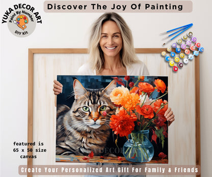 Cat PAINT by NUMBER Kit Adult DIY Art Orange Vibrant Flowers Easy Beginner Acrylic Painting Birthday Housewarming Custom Gift For Grandmom