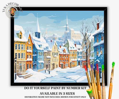 Winter Town PAINT by NUMBERS DIY Kit Adult Scenic Vintage Art Village Scenery Acrylic Painting Easy Beginner Craft Kit Mom Dad Birthday Gift