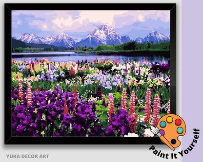 Lavender Flowers PAINT by NUMBERS Kit for Adult & Kids,Snow Mountain Scenic View ,Easy Beginner Acrylic Painting Kit,Wall Art , Hobby Gift