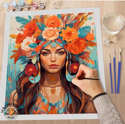 Woman Boho Flower PAINT by NUMBERS DIY Kit For Adults Easy Beginner's Painting Kit Home Decor Wall Art Gift Housewarming | Code: WO2307106