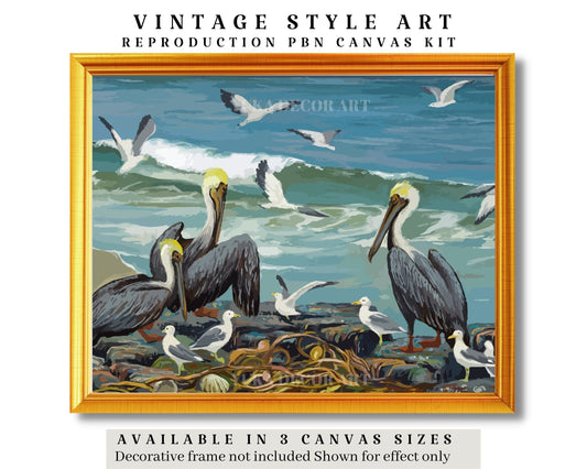Pelicans Vintage Style PAINT by NUMBER Kit  Adult , Birds In Seashore DIY Paint Kit  , Easy Beginner Acrylic Painting,Home Decor Gift
