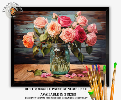 PAINT by NUMBER DIY Kit Adult Garden Roses Red Pink Flowers Rustic Decor Easy Beginner Acrylic Paint Wall Art Birthday Gift Mom Girlfriend