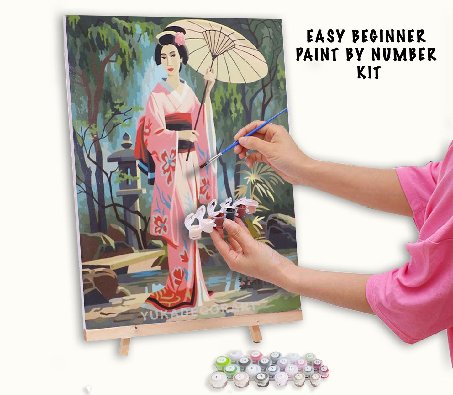 Geisha PAINT by NUMBER Kit Adult , Girl Scrolling With Umbrella, Japanese Garden Landscape , Easy DIY Beginners  Painting Kit , Mom Gift