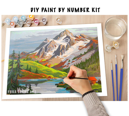 Snow Mountain PAINT by NUMBER Kit for Adult & Kids, DIY Nature Vintage Style Art , Easy Beginner Acrylic Painting Kit,Home Decor Gift