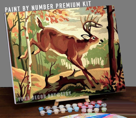 Running Deer PAINT by NUMBER Kit  Adult , Mountain Forest Vintage Style DIY Art , Easy Acrylic Paint Kit,Christmas Decor Gift