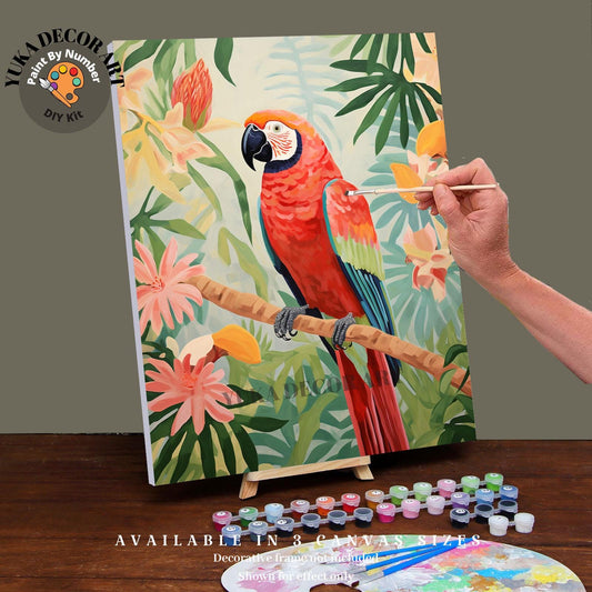Bird PAINT by NUMBER Kit for Adults Red Parrot Bird Tropical Forest Easy Beginners Vintage Style DIY Paint Kit Home Decor Wall Art Gift
