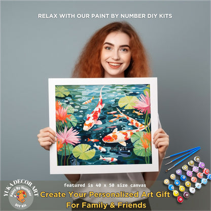 Koi Fish PAINT by NUMBER Kit Adult Asian Tropical Plants Water Pond Minimalist  Art Easy Beginner Painting DIY Kit Gift for Girlfriend Mom