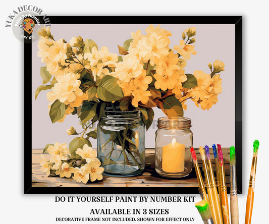 Blossom Flowers PAINT by NUMBER Kit Adult,Mason Jar Bouquet Still Life Painting , Beginner DIY Kit , Mothers Day Gift for Mom Aunt Grandma