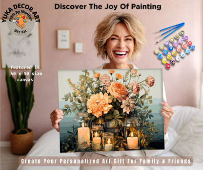 Rustic Flowers PAINT by NUMBER Kit Adult, Spring Bouquet With Candle Lit Mason Jar , Beginner Acrylic Painting DIY Kit Gift for Mom Grandma