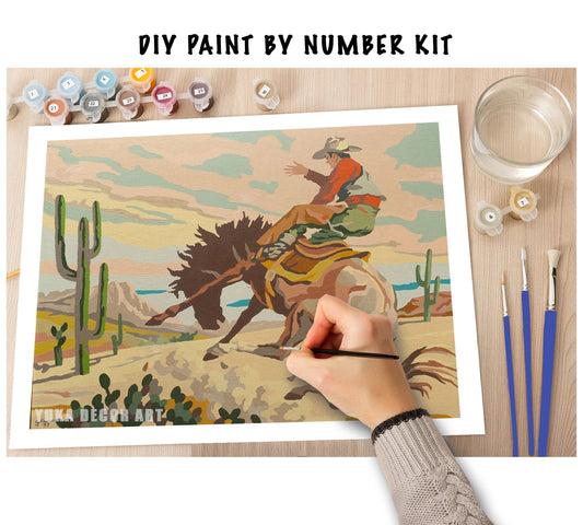 Vintage Cowboy PAINT by NUMBER Kit Adult, Desert Landscape Painting , Easy Beginner Acrylic Painting DIY Kit,Vintage Decor Gift  Mothers Day