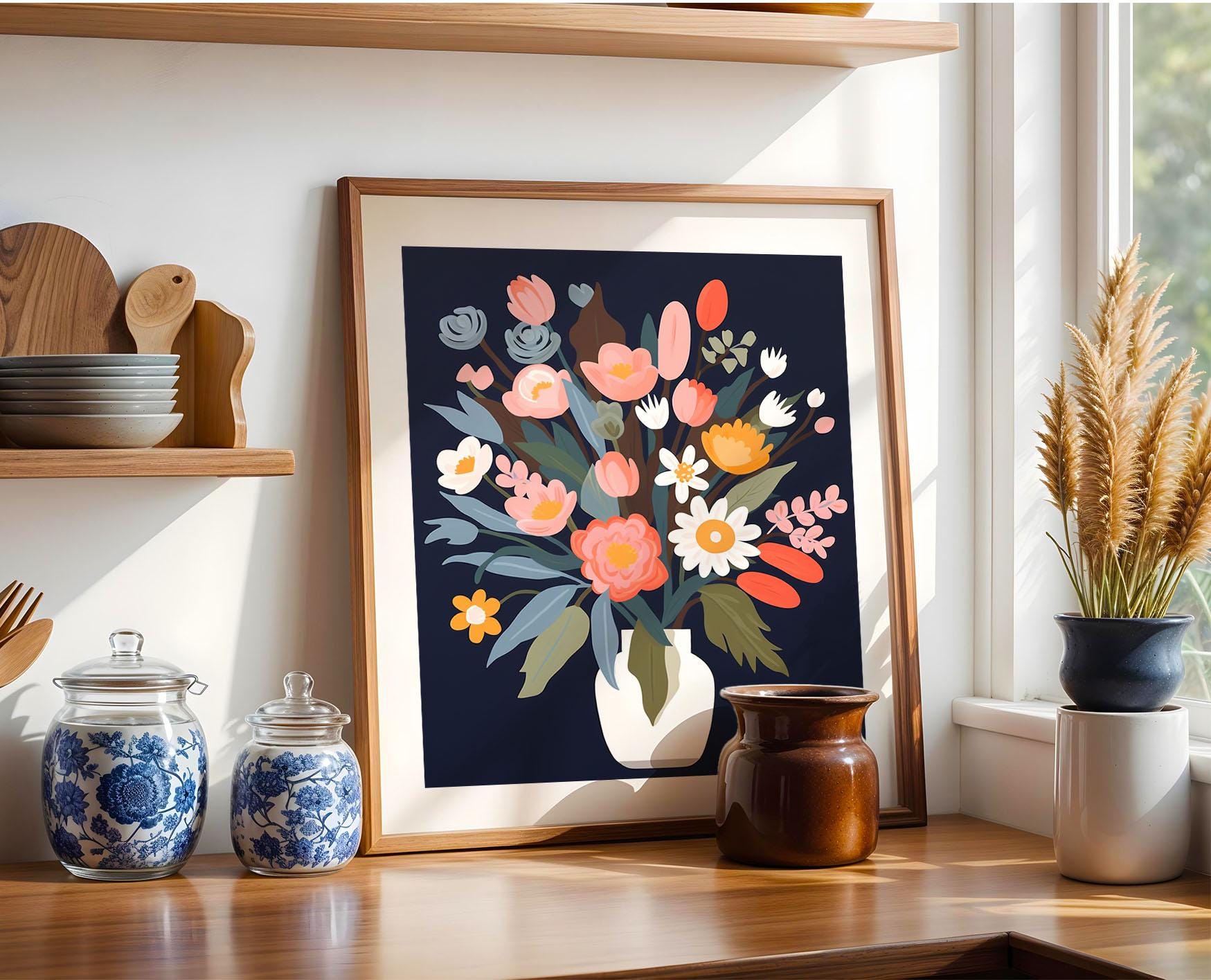 a picture of a vase of flowers on a shelf