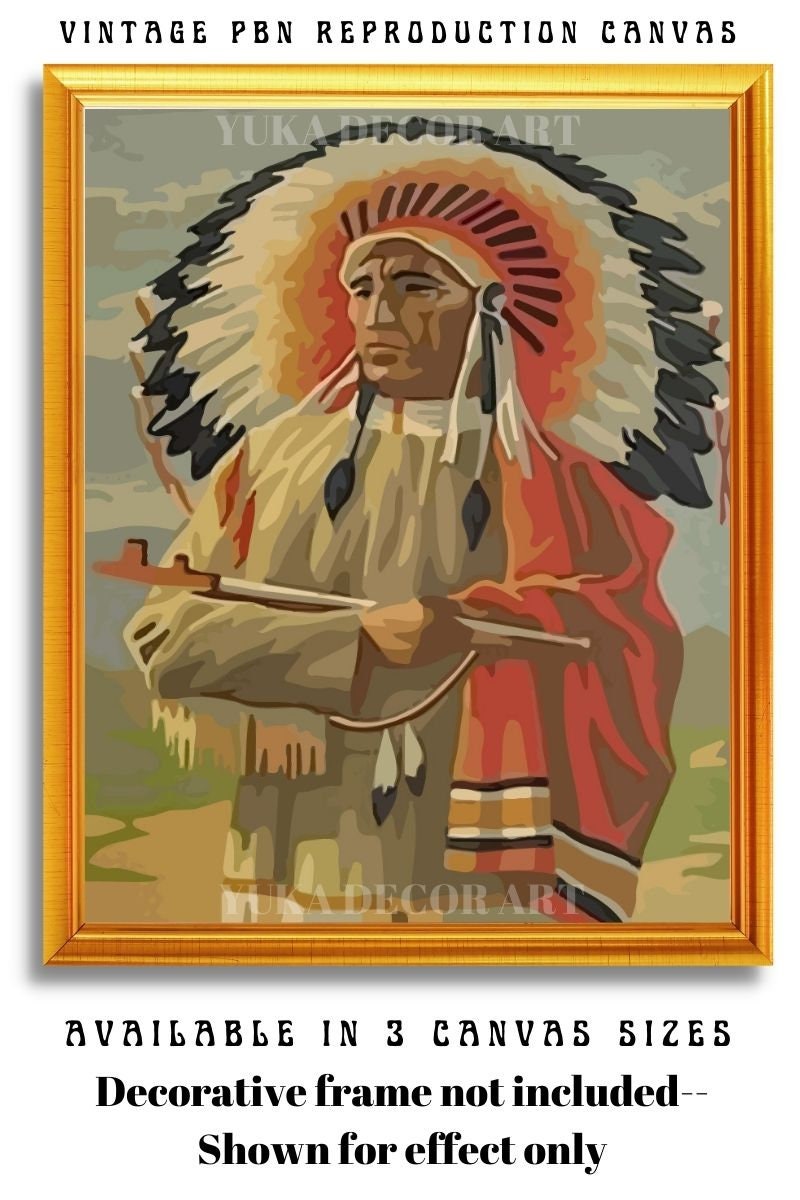 Vintage Style PAINT by NUMBER DIY Kit for Adult , Native American Portrait Painting, Easy Beginner Reproduction Canvas Kit,Wall Art Gift