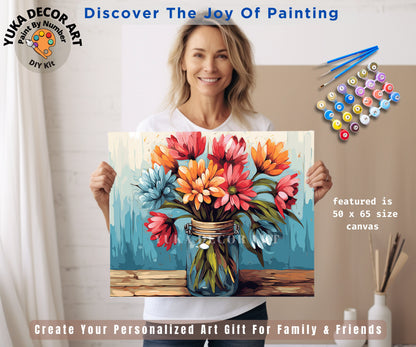 Floral PAINT by NUMBERS Kit Adults Flowers In Mason Jar Rustic Bouquet DIY Painting Easy Beginners Canvas Wall Art Birthday Gift Mom Wife