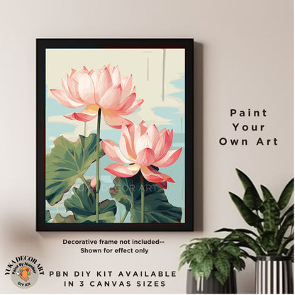 Pink Lilies PAINT by NUMBER Kit for Adults Flowers Lake Garden DIY Painting Floral Easy Beginners Paint Hobby Kit Wall Art