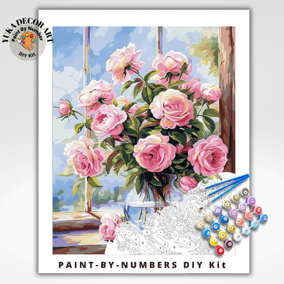 Pink Peonies Flower DIY Paint by Number Kit Adults Easy Still Life Peony Flowers In Vase Painting for Kitchen Decor Gift for Nana Grandma