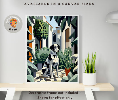 Modern PAINT by NUMBER Adult Kit ,Dog  In Courtyard , Foliage Plants ,Artist DIY Beginners Acrylic Paint Canvas Kit ,Wall Decor Gift