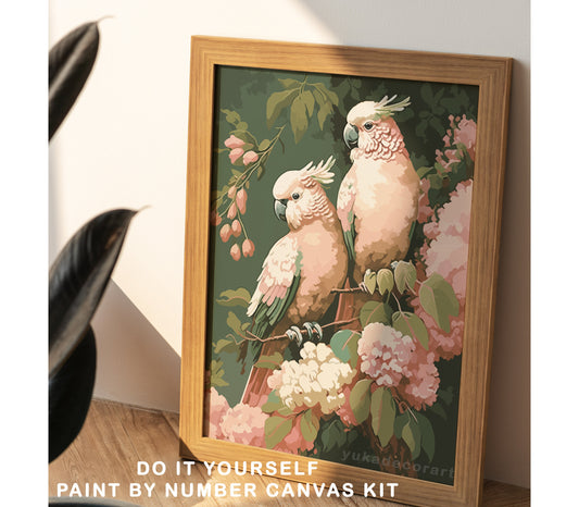PAINT by NUMBER Pink White Cockatoos Premium DIY Paint Kit Adult Vintage Style Bird Art Easy Beginner Painting Decor Gift Mom Aunt Daughter