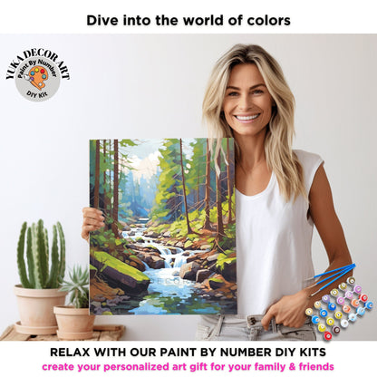 River Stream PAINT by NUMBER Kit for Adult Forest River Landscape Easy Beginner Acrylic Painting DIY Kits Art Custom Canvas Gift For Mom Dad