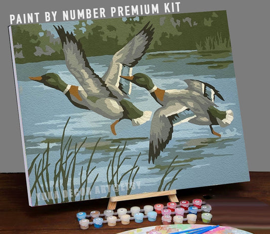 Flying Ducks PAINT by NUMBER DIY Kit Adult Vintage Style  , Mallard Birds In Lake  , Easy Beginner Acrylic Painting,Home Decor Gift