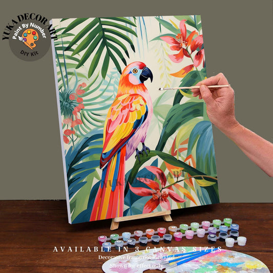 Bird PAINT by NUMBER Kit for Adults Red Green Macaw Bird Tropical Forest Easy Beginners Vintage Style DIY Paint Kit Home Decor Wall Art Gift