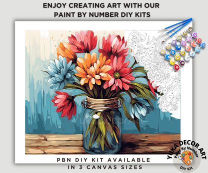 Floral PAINT by NUMBERS Kit Adults Flowers In Mason Jar Rustic Bouquet DIY Painting Easy Beginners Canvas Wall Art Birthday Gift Mom Wife