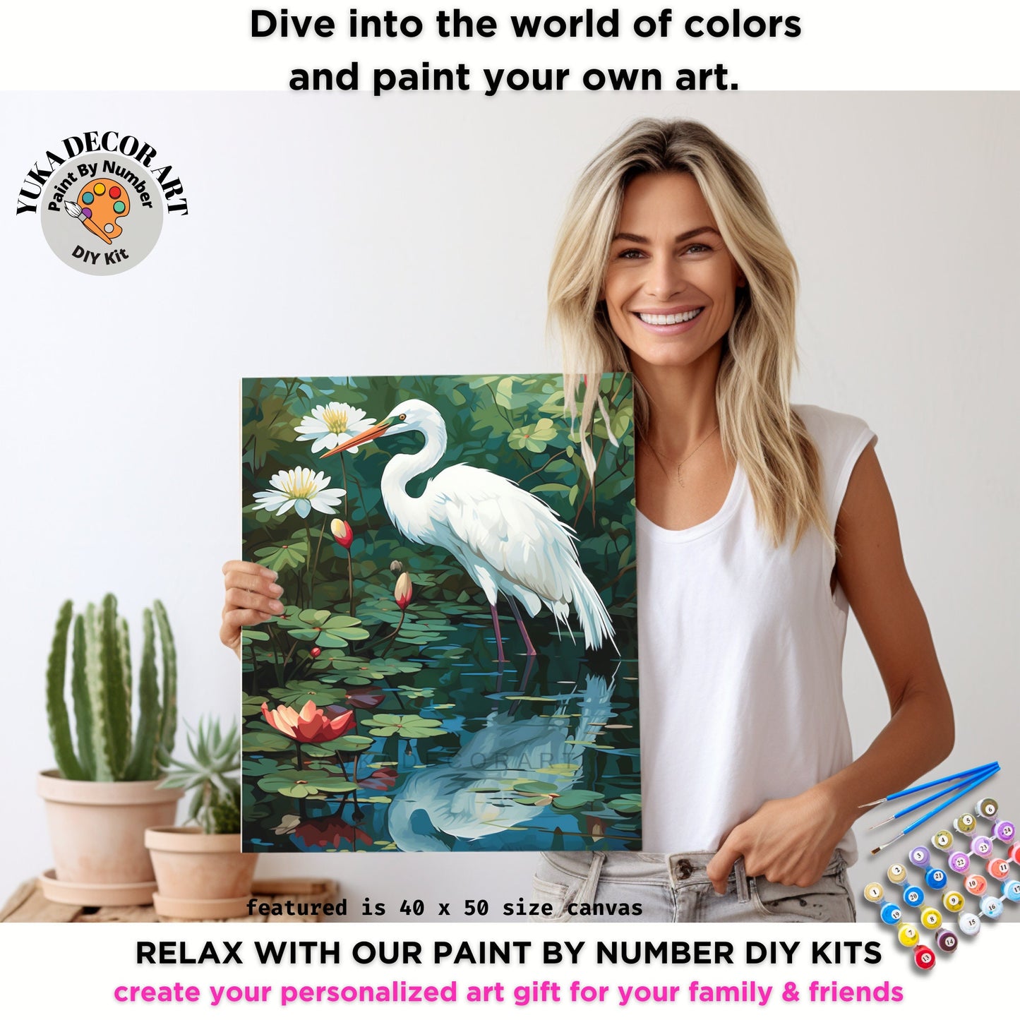 PAINT by NUMBER Kit For Adults White Birds In Lake Lilies Flowers DIY Painting Easy Beginners Paint Kit Garden Lover Gift