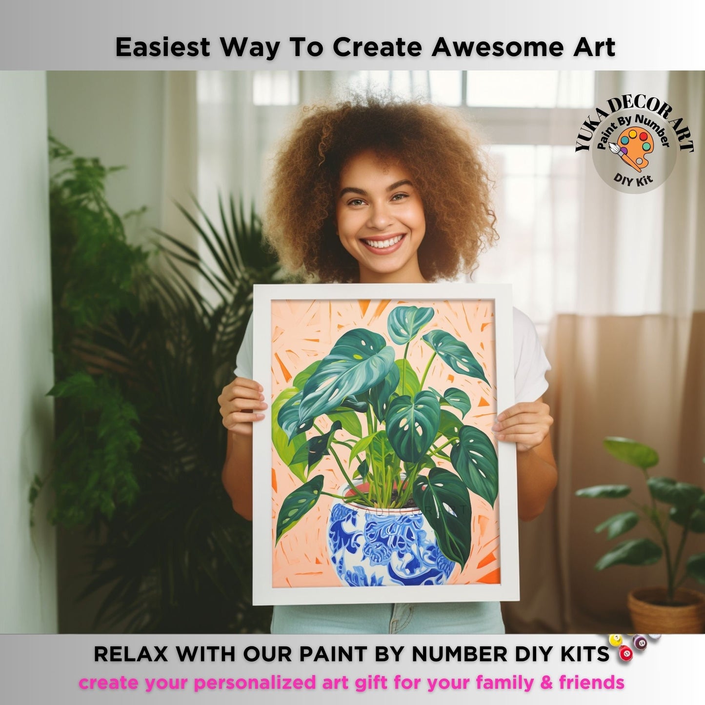 Indoor Plant PAINT by NUMBERS Kit for Adults Minimalistic Chic DIY Painting Easy Beginners Hobby Painting Kit Wall Art Gift Mum Plant Lover