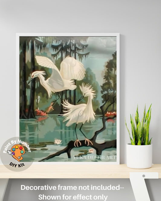 White Egret Twin Birds Vintage PAINT by NUMBER Kit | Adult DIY Painting Kit Birds In Lake  , Easy Beginner Oil Painting,Art Decor Gift