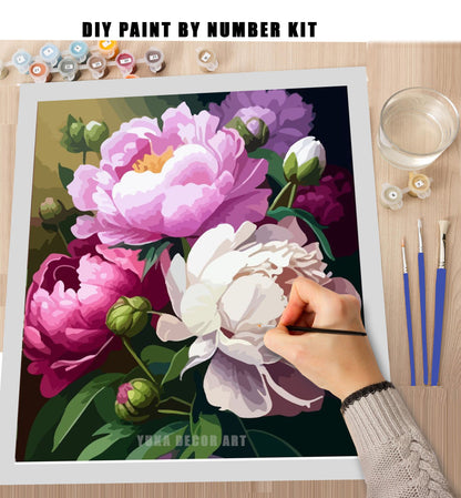 Pink Floral Paint by Numbers Adult White Pink Peony Flowers Painting Easy Beginner Paint DIY Kit Personalised Art Decor Gift For Mom Aunt