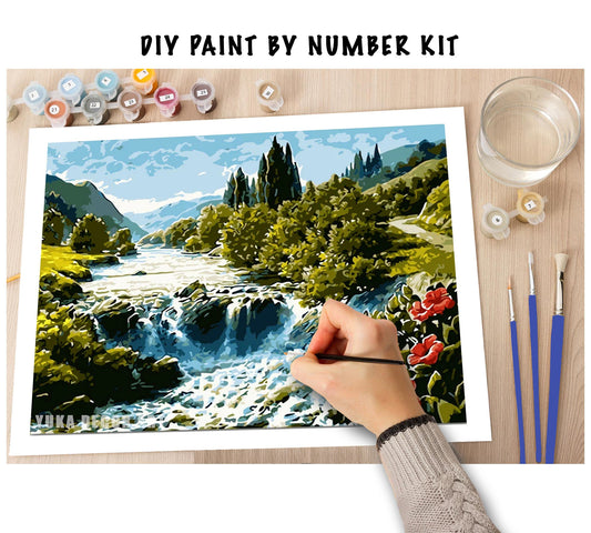 Scenic River View PAINT by NUMBERS Kit for Adults ,Red Poppy Flower Valley ,DIY Acrylic Painting Canvas, Hobby Paint Kit