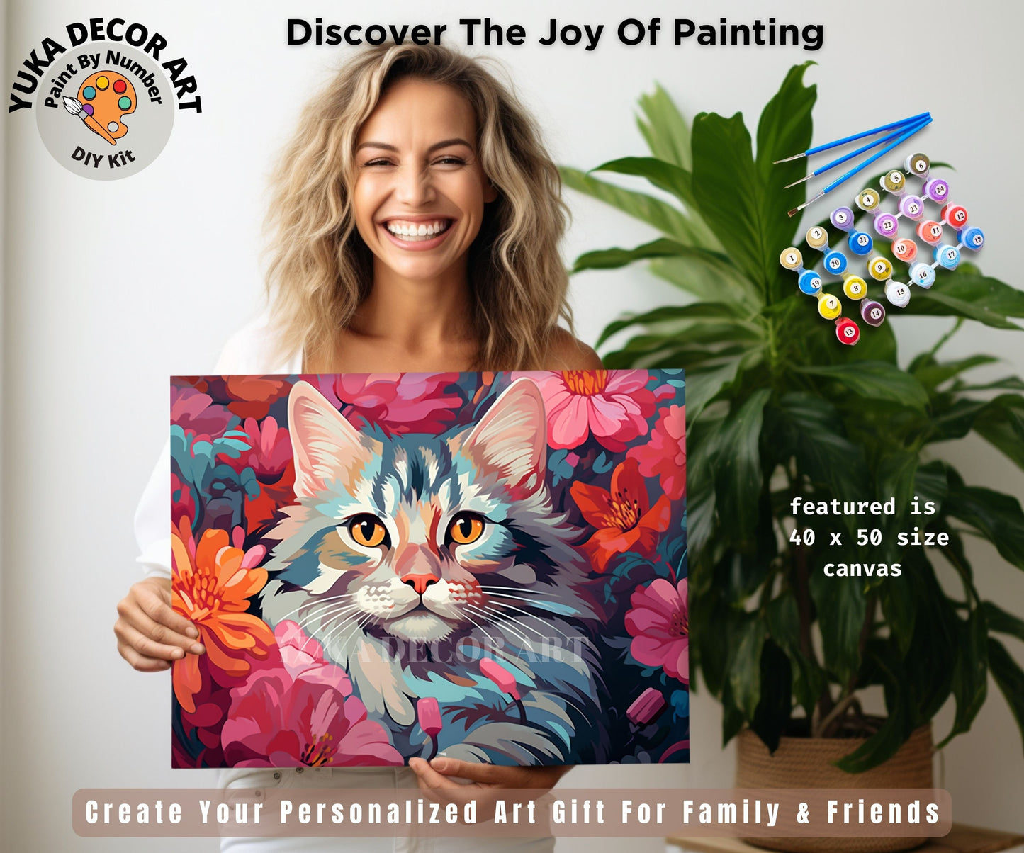 Cat PAINT by NUMBER Kit Adult DIY Art Pink Vibrant Floral Easy Beginner Acrylic Painting Birthday Housewarming Custom Gift For Kids Teens