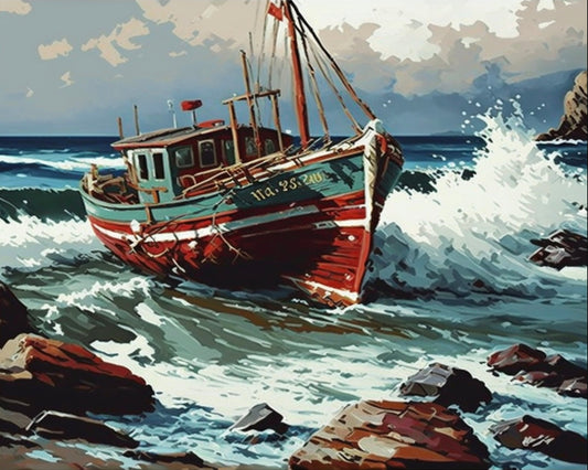 Vintage Style PAINT by NUMBER Kit for Adult , Rocky Seashore Boat with splashing waves , Easy Beginner Acrylic Painting Kit,Home Decor Gift