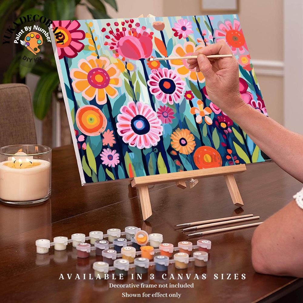 Flowers PAINT by NUMBER Kit for Adults Modern Boho Whimsical Art Easy Beginner Acrylic Paint DIY Kit Wall Art Gift for Mom Art Custom Kit