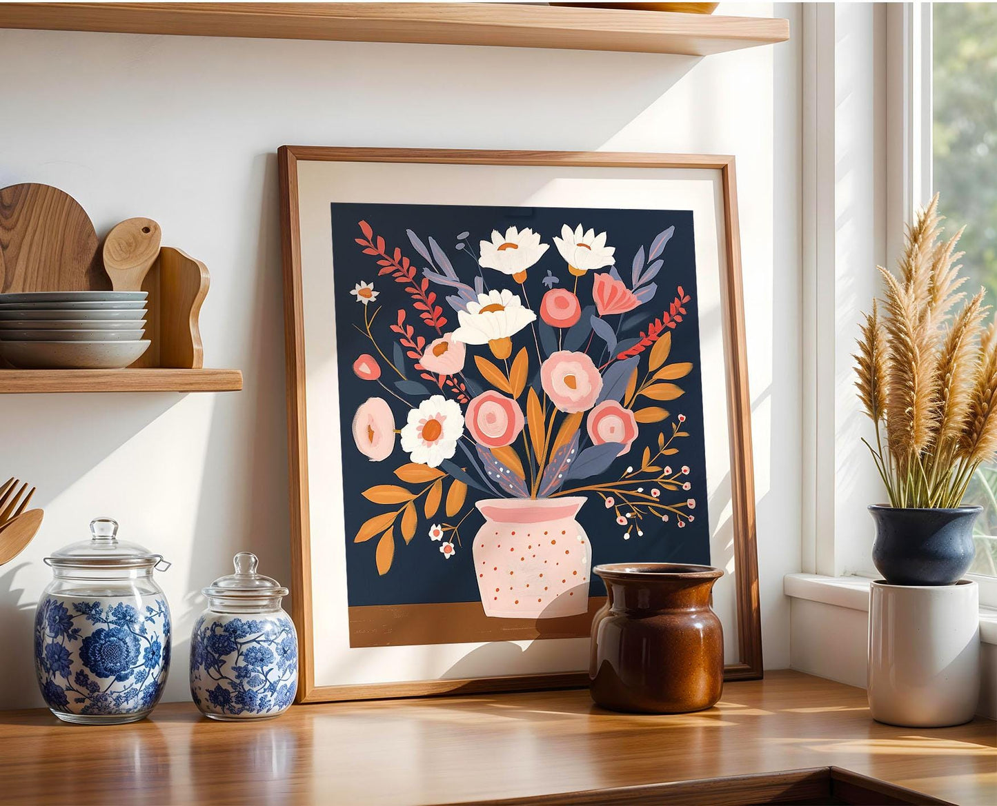 a picture of a vase with flowers on a shelf